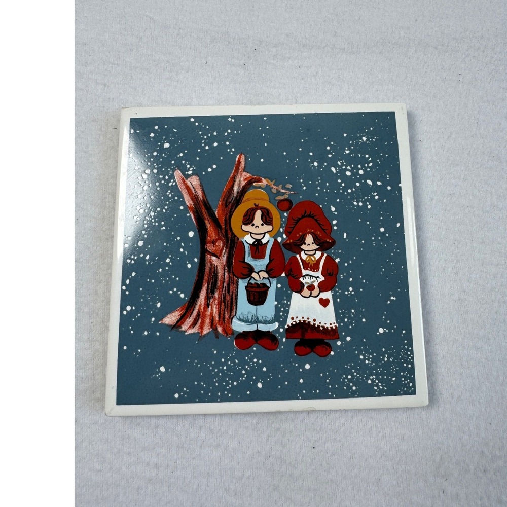 Cottagecore Tender Heart Treasures Vintage 6in Ceramic Tile Blue Winter Folk Art